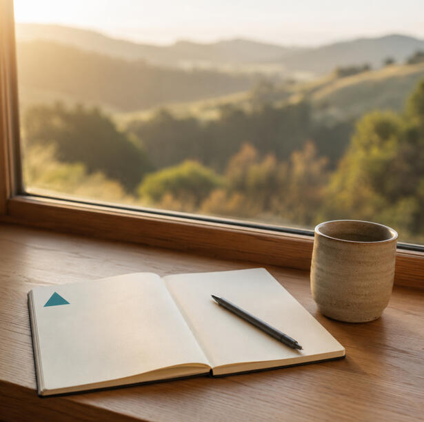 Leadership support A notebook, pen and ceramic mug on a windowsill at dawn, looking out over a New Zealand lake and hills.